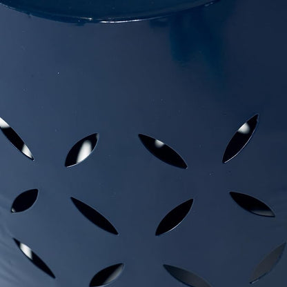 Christopher Knight Home Hayon 17.75'' Small Outdoor Side Table, Metal Outdoor Stool, Lace Cut Iron End Table, Hollow Drum Round Side Table, Decorative Garden Stool with Cutout Design, Dark Blue