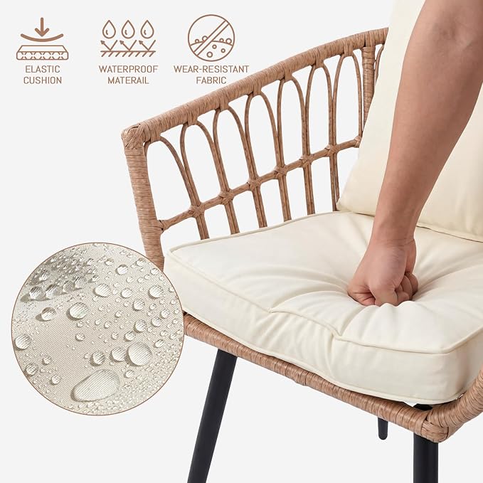 Upgraded 3 Piece Patio Bistro Set for Balcony, Backyard, Porch, Beige | All-Weather Rattan Patio Conversation Set, Tempered Glass Side Table, Easy-Clean Surface