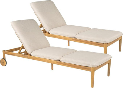 Christopher Knight Home Riviera Acacia Wood Chaise Lounge Chair Outdoor Set of 2, Wooden Patio Outdoor Chaise Lounge with Wheels and Cushions, Adjustable Backrest Single Lounge Sofa, Light Teak+Beige