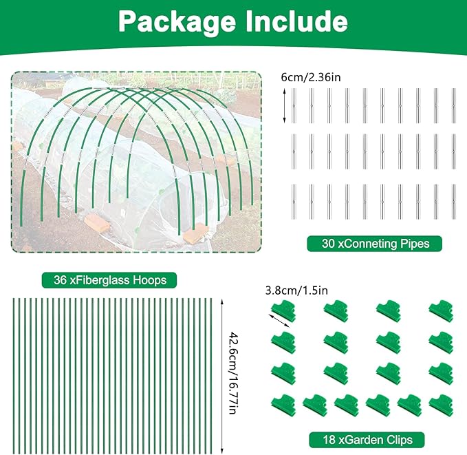Garden Hoops for Raised Beds, Splinter-Free Fiberglass Greenhouse Hoops Grow Tunnel, 36 Pcs Adjustable Frame for Row Cover & Bird Netting, Rust-Proof DIY Outdoor Plant Stakes