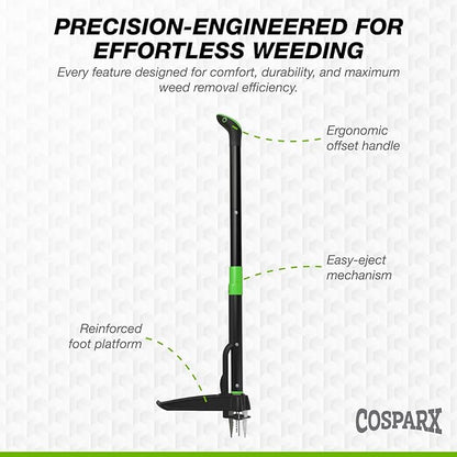 Weed Puller Tool with Long 43” Handle, No Bending, Easy Eject – Removes Weeds Effortlessly, Sturdy Foot Pedal & Lightweight Aluminum - 4-Claw Hand Weeding Tool