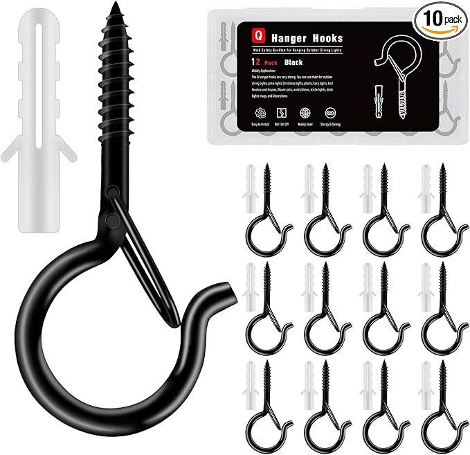 12 Pack Black Screw Hooks with Safety Buckle - 2.3 Inch Rustproof Eye Ceiling Hooks for Hanging Plants,Outdoor String Lights,Baskets,Christmas Lights & Decor,40lb Capacity (12, Black)