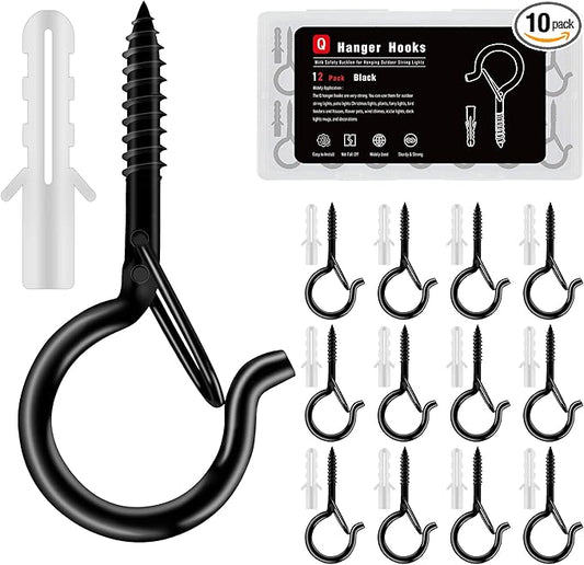 12 Pack Black Screw Hooks with Safety Buckle - 2.3 Inch Rustproof Eye Ceiling Hooks for Hanging Plants,Outdoor String Lights,Baskets,Christmas Lights & Decor,40lb Capacity (12, Black)