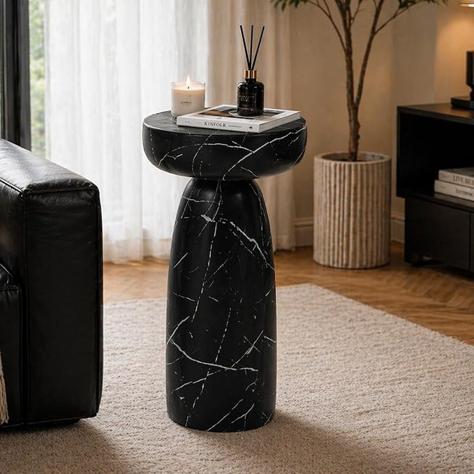 Marble Side Table, 24" Modern Accent Table with Pedestal Stand, Durable Faux Marble Side Table for Small Spaces, Marble Look Coffee Table Accent Drink Tables for Living Room Patio Balcony