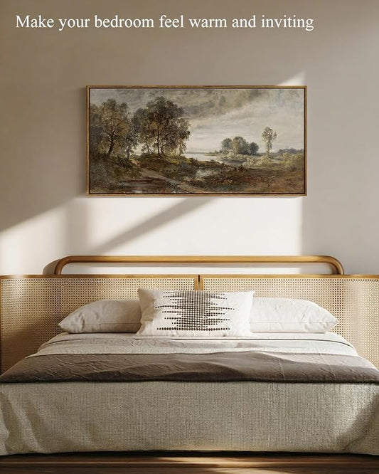 InSimSea Extra Large Framed Vintage Wall Art, Living Room Country Farmhouse Decor, Moody Summer River Landscape Canvas Prints, Retro Scenery Long Picture for Bedroom Above of Bed, 20x40inch
