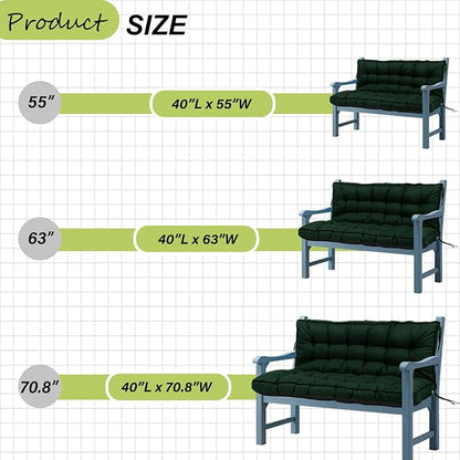 Swing Replacement Cushions with Backrest, 2 or 3 Seater Waterproof Non-Slip Overstuffed Swing Pad, Indoor/Outdoor Bench Cushion for Porch Chair Swing Garden Furniture (Dark green, 40 * 70.8in)