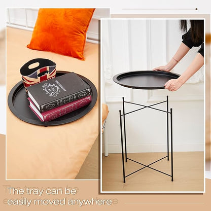 Kigley Set of 4 Metal Side Table Folding Tray Round Foldable End Table Outdoor Tray Table Small Stable Snack Nightstand for Outdoor Indoor Living Room Bedroom Patio, Black, 18.5 x 18.5 x 19.7''