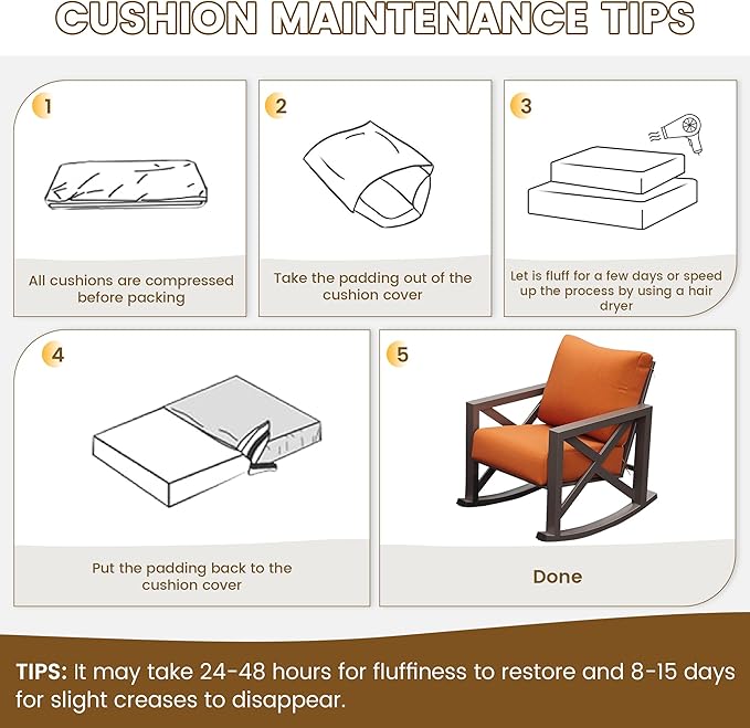 UDPATIO Rocking Chair Outdoor Set 2 with Coffee Table, 3 Piece Metal Rocking Bistro Set with 6.5" Water-Resistant Cushions, Oversized, 350lbs Heavy-Duty, for Porch, Patio, Balcony, Orange