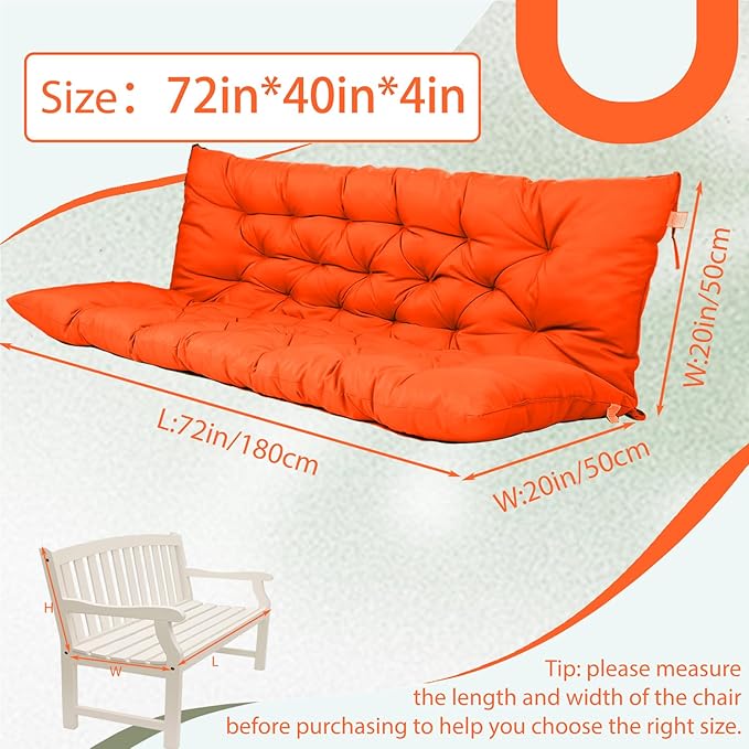 2/3 Seater Swing Replacement Cushion, Waterproof Porch Swing Cushions with Backrest, Thickened Bench Cushions for Outdoor Furniture, for Outdoor Patio Swing (Orange, 71 * 40in)