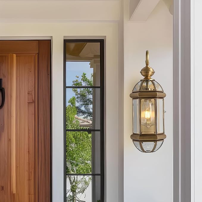 Milaii 17" H Copper Brass Outdoor Wall Light Exterior Lantern Gold Light Fixtures Outside Porch Lights IP65 Waterproof Paito Wall Mount Lighting for House