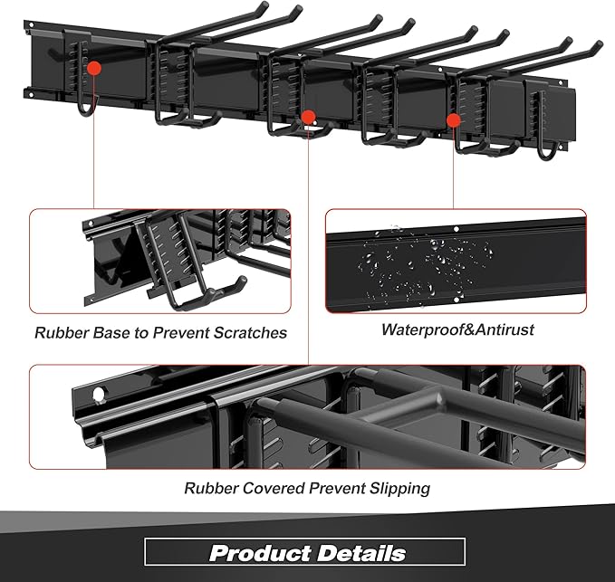 Sttoraboks Garage Tool Storage Rack, Heavy Duty Garage Storage Organizer Rack System Wall Mounted Tool with 6 double hooks, 2 rails, Garden Yard Tools Hanger Rack for Ski Gears, Broom, Rake,Shovel