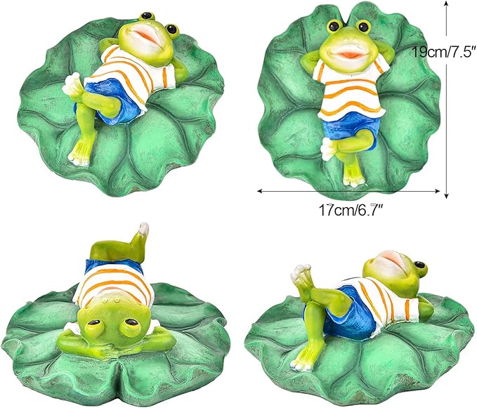 Sungmor Floating Resin Frog Figurine - Pond Decor with Water Floating Lotus Leaf and Frog Ornament - Outdoor Garden Decoration