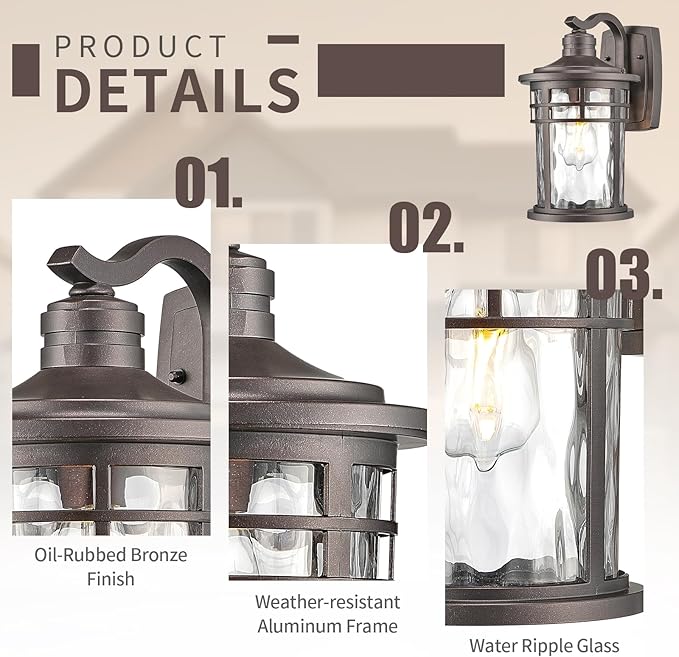 Darkaway Outdoor Wall Light Fixture,14.57inch Large Outside Porch Lights Wall Mounted Water Ripple Glass Exterior Waterproof Lantern Modern Wall Sconce Lighting for Front Door Yard Patio