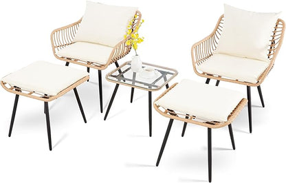 5 Piece Patio Furniture Set, Outdoor Wicker Small Conversation Bistro Set, All-Weather PE Rattan Chairs with Ottoman & Coffee Table, Ideal for Balcony Porch Deck Yard Poolside (Yellow/Beige)