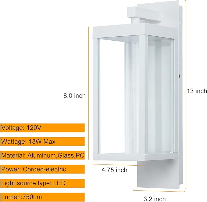 Outdoor Wall Light Lantern 2 Pack LED White Modern Exterior Light Fixture with Clear Glass 13W Anti-Rust IP54 Waterproof Front Porch Light