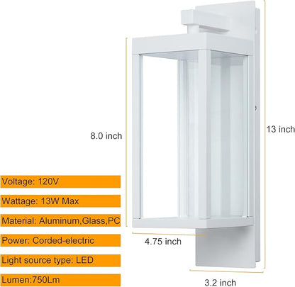 Outdoor Wall Light Lantern 2 Pack LED White Modern Exterior Light Fixture with Clear Glass 13W Anti-Rust IP54 Waterproof Front Porch Light