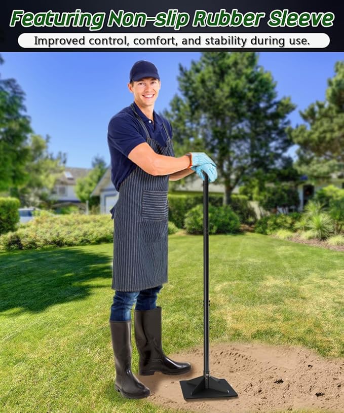 Thickened Garden Steel Tamper with 47 inch Adjustable Handle & Rubber Grip, 10"x10" Heavy Duty Soil Tamper Tool for Ground & Gravel Leveling, Steel Dirt Compactor for Yard, Sand, Driveway