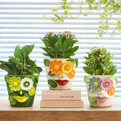 GUGUGO Unique Face Flower Plant Pots, Colorful Cute Succulent Planters with Drainage, Abstract Rainbow Head Flower Planters Pots for Indoor Plants, Funny Eclectic Home Décor (Blue&Pink, 5Inch)