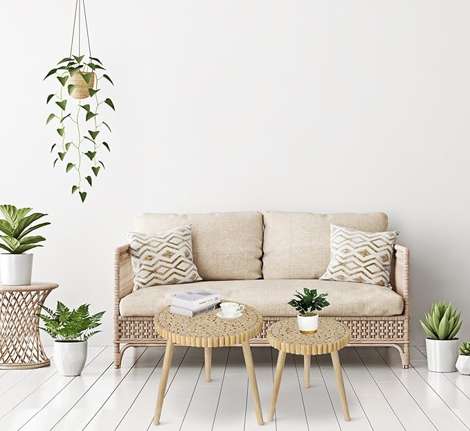 Round Coffee Table Set of 2, Farmhouse Nesting Coffee Table, Small Circle Wood Coffee Table, Mid Century Modern Nightstand, Boho Patio Side Table End Tables for Living Room Bedroom Balcony Outdoor