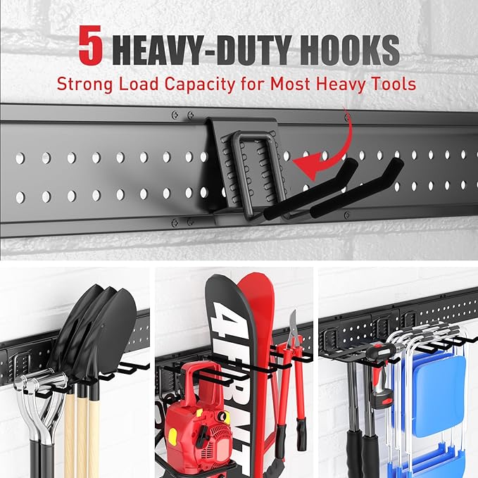 Garage Tool Organizer Wall Mount 99 inches with 18 Adjustable Heavy-Duty Hooks, Garage Organization, Garden Tool Storage Rack, Yard, and Shed, Holds Up to 750 lbs