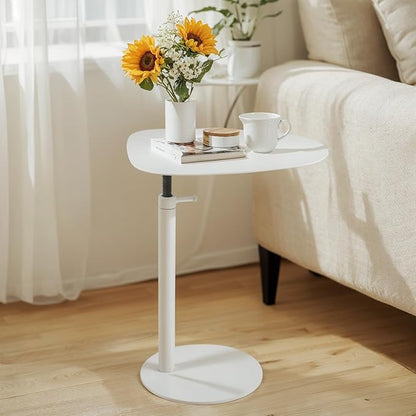 C Shaped End Table,Tray Metal Sofa Side Table, Accent Coffee Table, Waterproof and Anti-Rust Outdoor&Indoor Snack(Model A Adjustable, White)