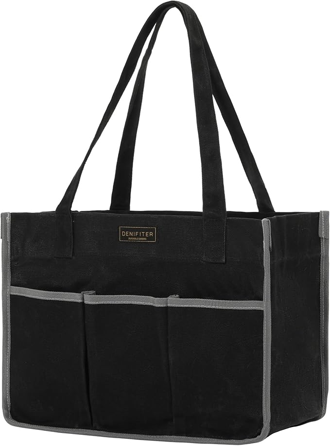 Durable 16OZ Waxed Canvas Tool Bag with Handle - A Large Main Pocket and 6 Exterior Pockets (12.5 x 6.5 x 9.5 Inches) Black