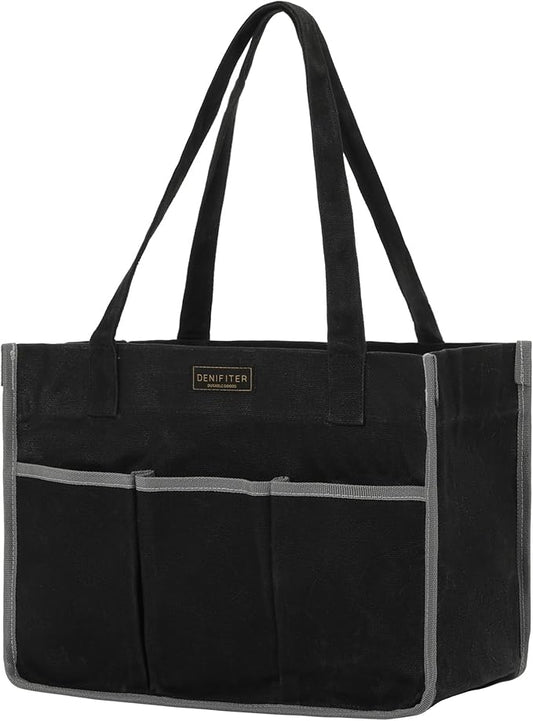 Durable 16OZ Waxed Canvas Tool Bag with Handle - A Large Main Pocket and 6 Exterior Pockets (12.5 x 6.5 x 9.5 Inches) Black