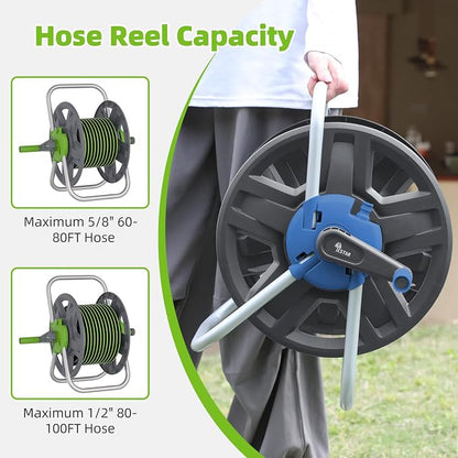 Water Hose Reel Cart, Holds 60-80 Ft of 5/8 Inch Hose, Blue Wall Mounted Garden Hose Cart, Portable Hose Reel for Convenient Storage and Watering