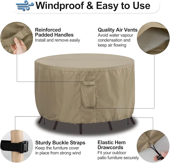 OutdoorLines Outdoor Waterproof Patio Table Furniture Set Covers - Round Couch Sectional Cover Outside Weatherproof Patio Furniture Covering for Deck, Lawn and Backyard 84" dia x 28" H, Camel