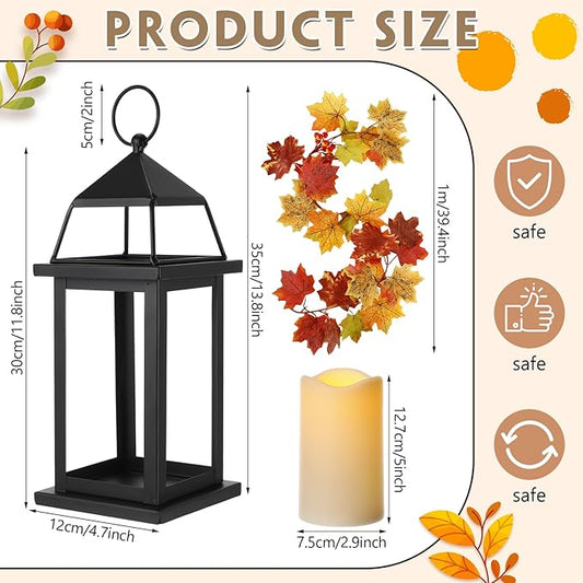 2 Set Fall Lantern Decorations 14in Thanksgiving Metal Lantern Holder with Led Candle Vintage Candle Holder with Maple Vine Decor for Outdoor Indoor Patio Front Porch Table