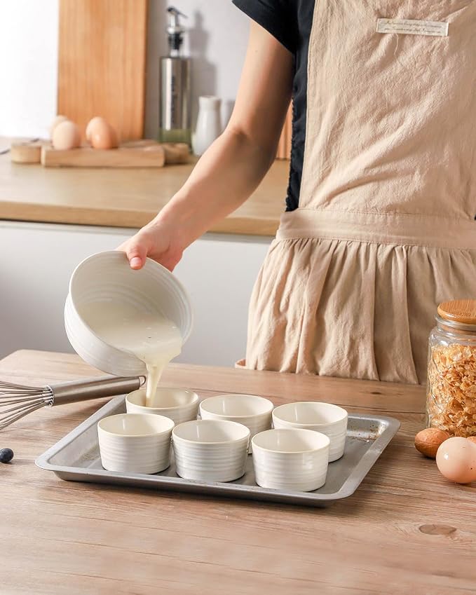Hasense 4 oz Ramekins Oven Safe, Ceramic Creme Brulee Bowls Set of 6, Mini Baking Dishes for Souffle Pudding, Serving Dip, Custard, Ice Cream, Clay-Infused White