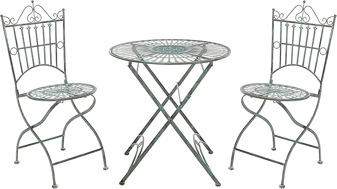 SAFAVIEH Outdoor Collection Belen Victorian Antique Dark Green Wrought Iron 3-Piece Bistro Set