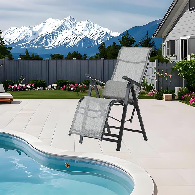 Folding Lounge Chaise,Outdoor Aluminum Beach Chair Tanning Recliners High Backrest with Removable Lumbar Pillow Assemble-Free for Sunbathing Patio Pool Beach Lawn Deck - Grey