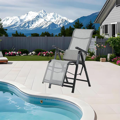 Folding Lounge Chaise,Outdoor Aluminum Beach Chair Tanning Recliners High Backrest with Removable Lumbar Pillow Assemble-Free for Sunbathing Patio Pool Beach Lawn Deck - Grey