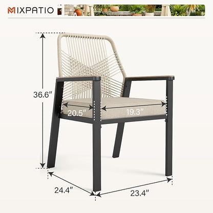 Patio Wicker Chair Sets of 6, Outdoor Dining Chairs with 3.1 inch Seat Cushions, Sturdy Metal Frame & Wood Grain Armrest, Beige