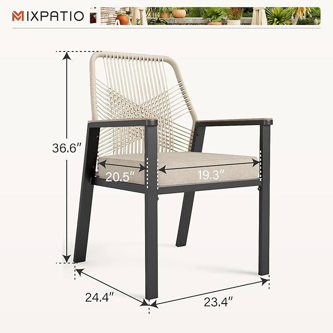 Patio Wicker Chair Sets of 8, Outdoor Dining Chairs with 3.1 inch Seat Cushions, Sturdy Metal Frame & Wood Grain Armrest, Patio Dining Chairs for Porch Backyard, Beige