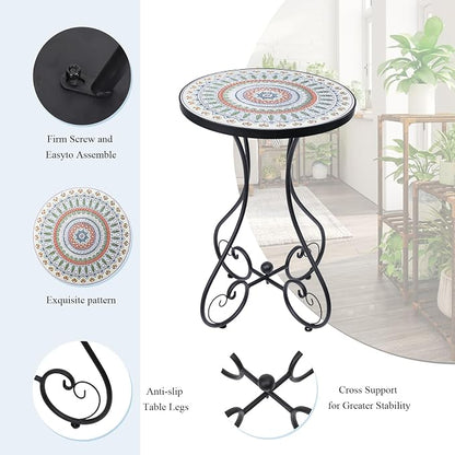 VCUTEKA Mosaic Outdoor Side Table, Round Rustproof Patio Tables with 14" Ceramic Tile Top, Indoor Porch Accent Table for Yard, Garden, Living Room, Bistro Balcony, Green