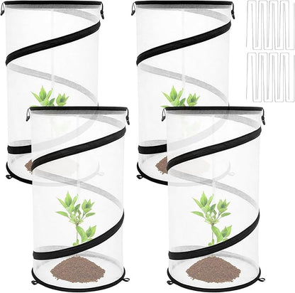 Hoypeyfiy 4 Pcs Pop Up Insect & Bird Barrier Plant Cover Net, 12"x24" Round Foldable Mesh Protector, Garden Cage Guard with Stakes & Carry Bag, Keep Animals & Birds Out for Vegetables and Flowers