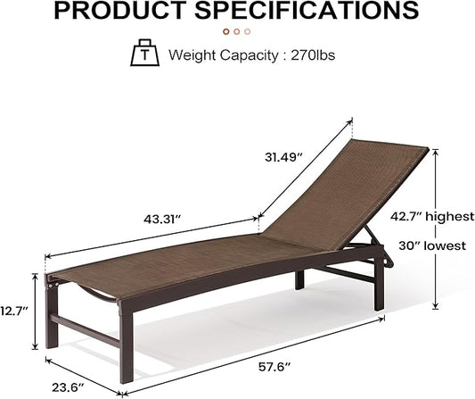 Crestlive Products Lounge Chair Outdoor Set of 2, Aluminum Pool Chaise Lounge Chairs, Adjustable Five-Position Tanning Recliner, All Weather for Patio, Beach, Yard, Pool (Brown)