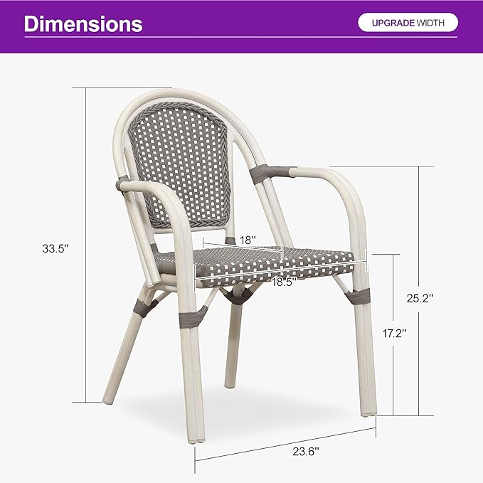 PURPLE LEAF French Bistro Chairs Set of 2 Aluminum Hand-Woven Rattan Wicker Dining Chairs with Arms for Outdoor Porch Garden White Print Finish Grey