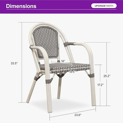 PURPLE LEAF French Bistro Chairs Set of 2 Aluminum Hand-Woven Rattan Wicker Dining Chairs with Arms for Outdoor Porch Garden White Print Finish Grey