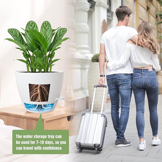 UOUZ Large Self Watering Pots, 12/10/9 Plastic Planters with High Drainage Holes and Deep Reservoir for Indoor Outdoor Garden Plants and Flowers, White