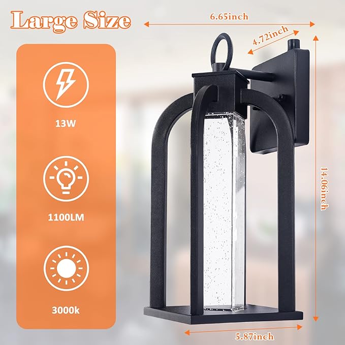 Dusk to Dawn LED Outdoor Wall Light, 14" Black Wall Lantern with Crystal Bubble Glass, Exterior Light Fixture with Photocell Sensor, IP65 Waterproof Anti Rust Outdoor Lighting for House, Garage, Porch