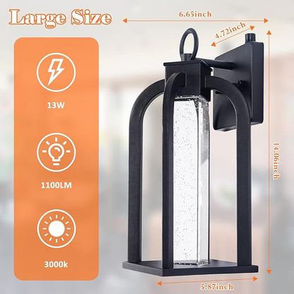 Dusk to Dawn LED Outdoor Wall Light, 14" Black Wall Lantern with Crystal Bubble Glass, Exterior Light Fixture with Photocell Sensor, IP65 Waterproof Anti Rust Outdoor Lighting for House, Garage, Porch