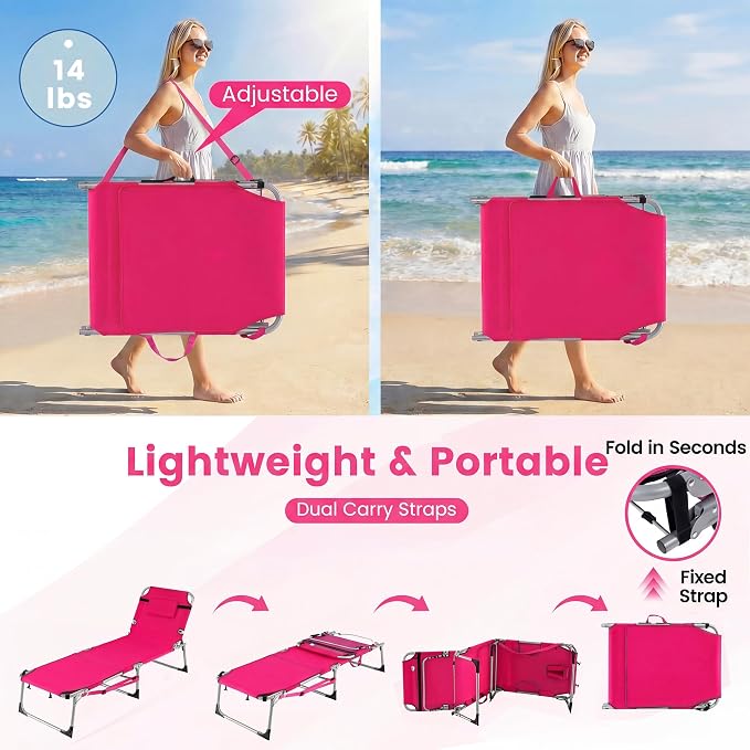 Giantex Tanning Chair, 330Lbs Patio Lounge Chair with 5 Adjustable Position, Face & Arm Hole, Hand/Shoulder Strap, Removable Pillow, Side Pocket, Chaise Lounger for Beach Sunbathing Outdoor, Pink