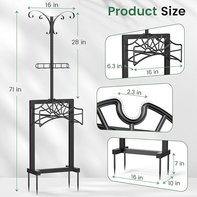 71 Inch Garden Hose Holder,Heavy Duty Free Standing Hose Rack with 6 Shepherd Hooks & 6 Hangers,Holds Up to 160ft Hose,Outdoor Hose Storage for Garden, Yard & Patio