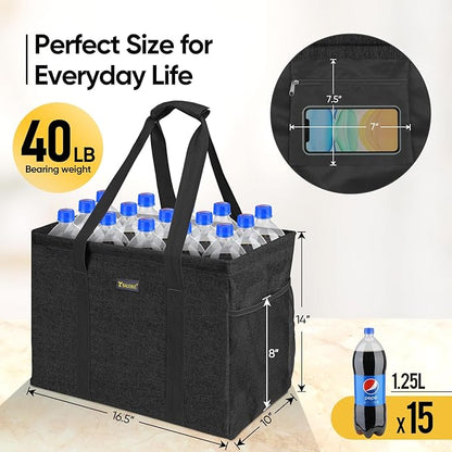 BALEINE Extra Large Utility Tote Bag with Reinforced Wire Frame, Reusable Grocery Bag for Shopping, Picnic (Black, 16.5''x14''x10'')