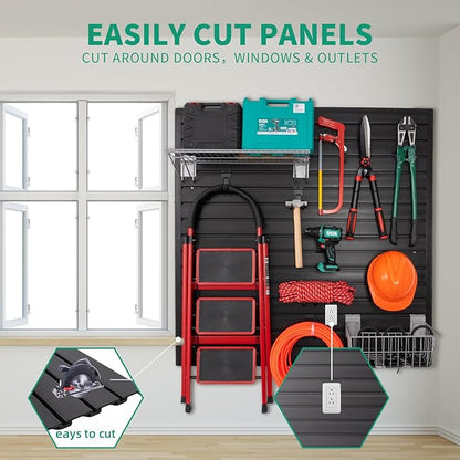 Slatwall Panel Garage Slat Wall Storage Systems with 26 Slatwall Accessories, 4'x8' PVC Black Slat Wall Paneling for Retail Display, Garage Storage, Guitar Shop, Home Storage