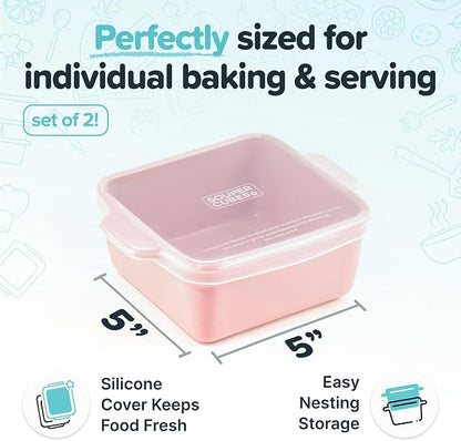 Souper Cubes Ceramic Baking Dishes 2.0-5" x 5" Baking Dishes with Silicone Lids, Individual Baking Dishes for Oven, Microwave, Oven and Air Fryer Safe, USA Made, Set of 2 - Cotton Candy