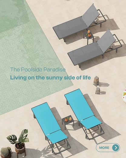 Pool Lounge Chairs Set of 2，Outdoor Lounge Chairs with Wheels and 5-Position Recliner -Easy to Move- Aluminum Patio Lounge Chair for Poolside, Deck (Lakeblue)